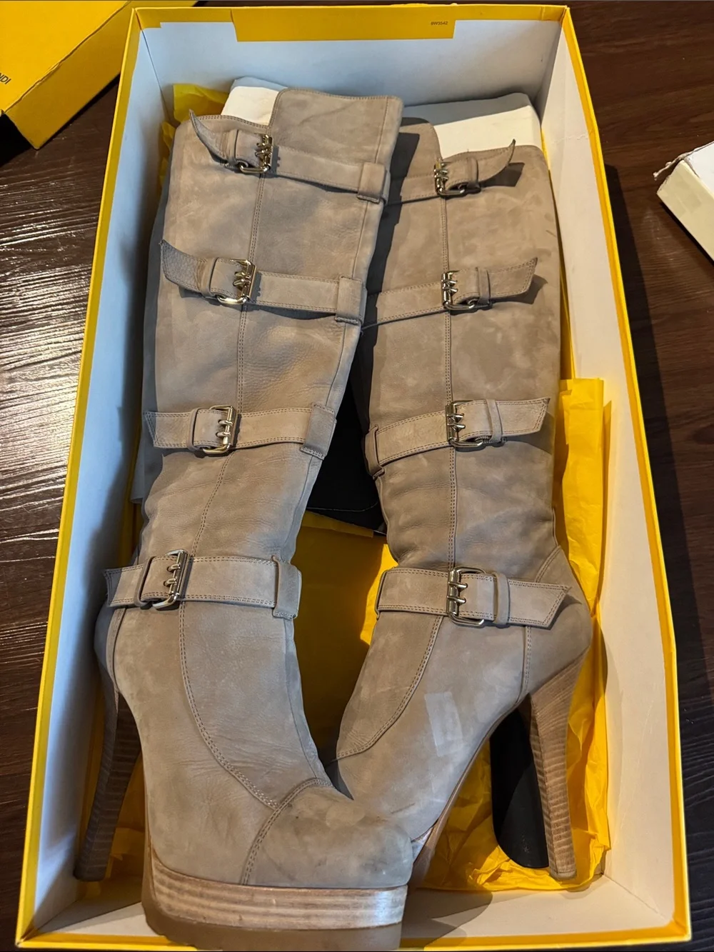 Fendi Taupe Suede Over-the-Knee Buckle Boots